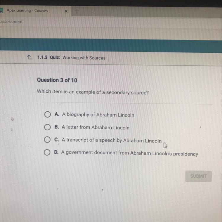 Question 3 of 10 Which item is an example of a secondary source?-example-1