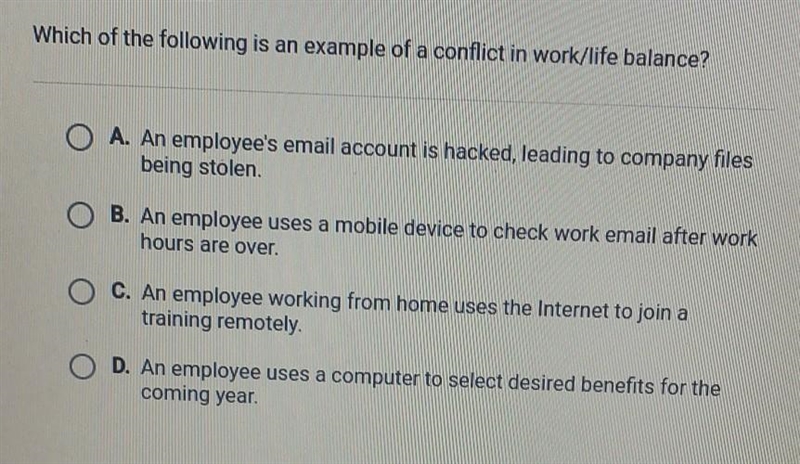 Which of the following is an example of a conflict in work/life balance?​-example-1