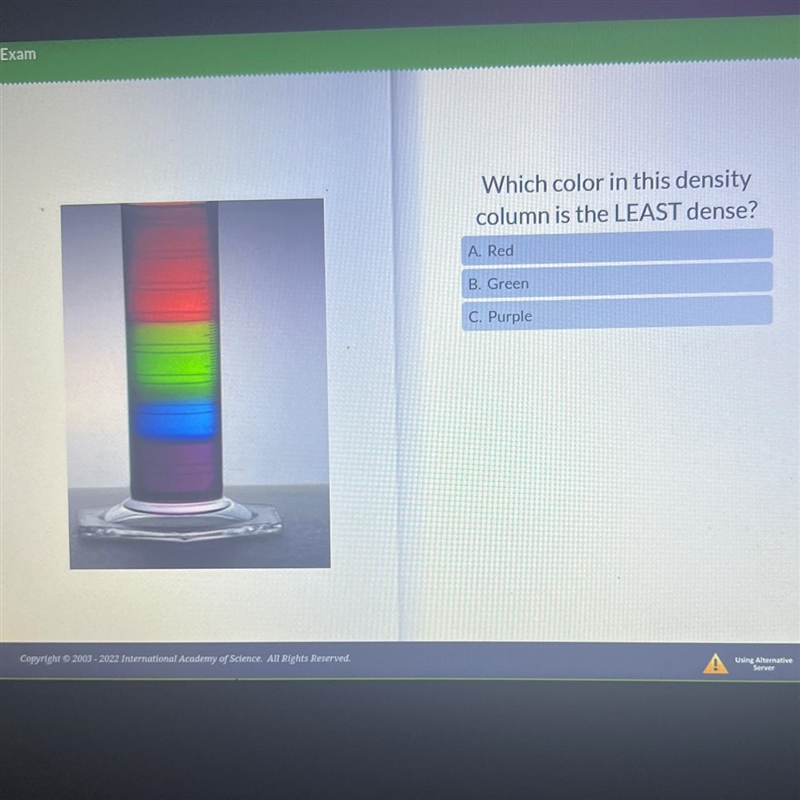 Which color in this density column is the LEAST dense? A. Red B. Green C. Purple-example-1