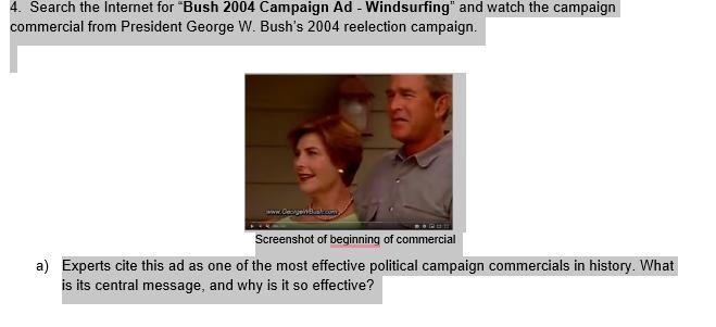 4. Search the Internet for “Bush 2004 Campaign Ad - Windsurfing” and watch the campaign-example-1