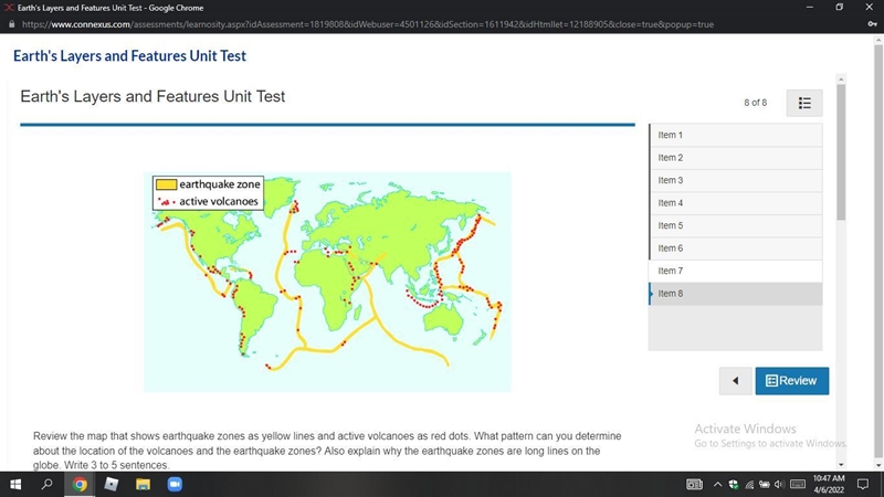 Review the map that shows earthquake zones as yellow lines and active volcanoes as-example-1