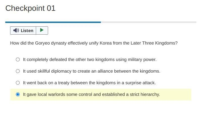 PLeASE HELP How did the Goryeo dynasty effectively unify Korea from the Later Three-example-1