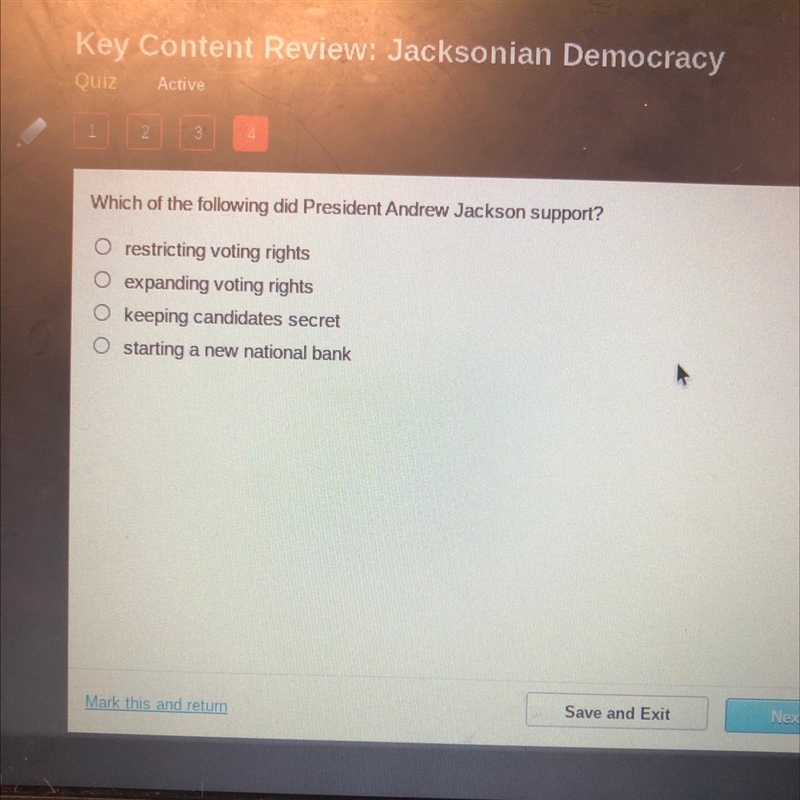 Which of the following did President Andrew Jackson support?-example-1