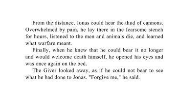 Describe the memory of warfare Jonas receives in this chapter. What does Jonas experience-example-2