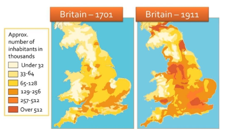 Based on the Population density maps above, what is true about Britain’s population-example-1