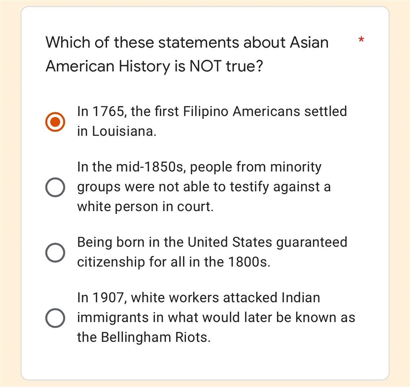 PLS HELP Which of the following statements about Asian American History is NOT true-example-1