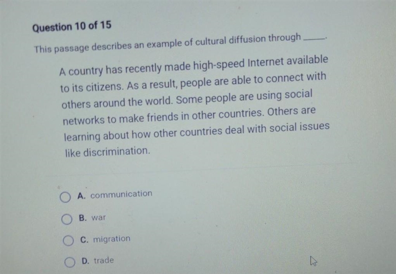 Plz help quick! This passage describes an example of cultural diffusion through ___​-example-1