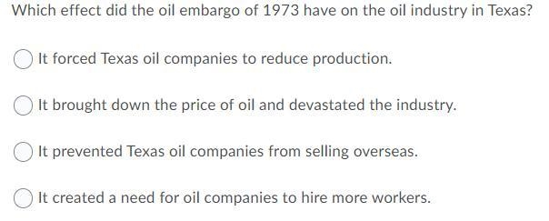 Which effect did the oil embargo of 1973 have on the oil industry in Texas?-example-1