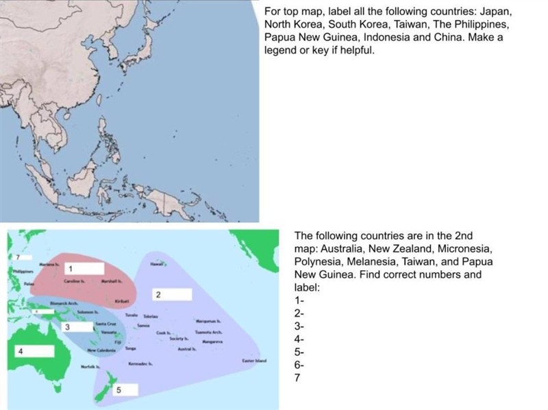 label the top map with the following countries with a key, legend or color-coded: Japan-example-1