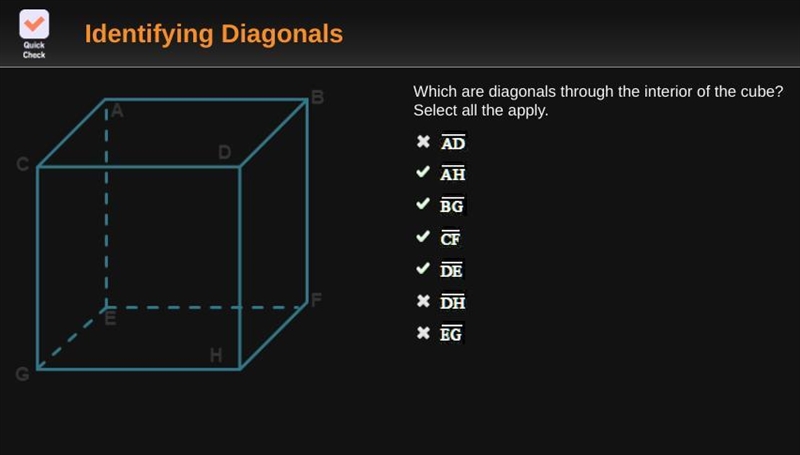 Which are diagonals through the interior of the cube? Select all the apply/ Side A-example-1