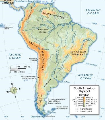 Use the map to answer the following question: Physical map of South America, with-example-1