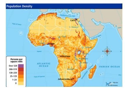 Examine the population density map. What geographic features do most Africans live-example-1