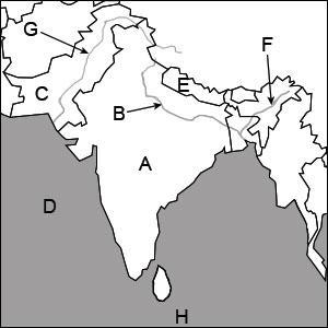 Which letter on the map represents Nepal and Ganges River-example-1