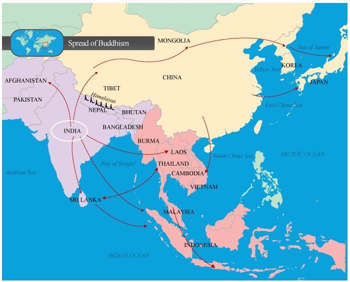 HELP PLEASE! Based on the map, where did Buddhism spread from into Afghanistan?-example-1