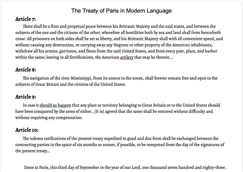 Read the The Treaty of Paris in Modern Language Article to answer the questions!-example-3