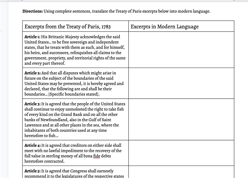 Read the The Treaty of Paris in Modern Language Article to answer the questions!-example-4