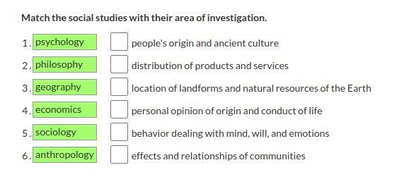 Match the social studies with their area of investigation.-example-1