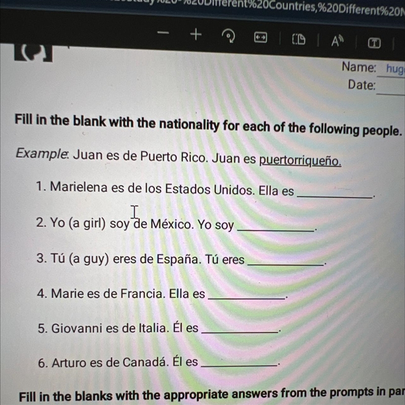 Fill in the blank with the nationality for each of the following people. Example. Juan-example-1