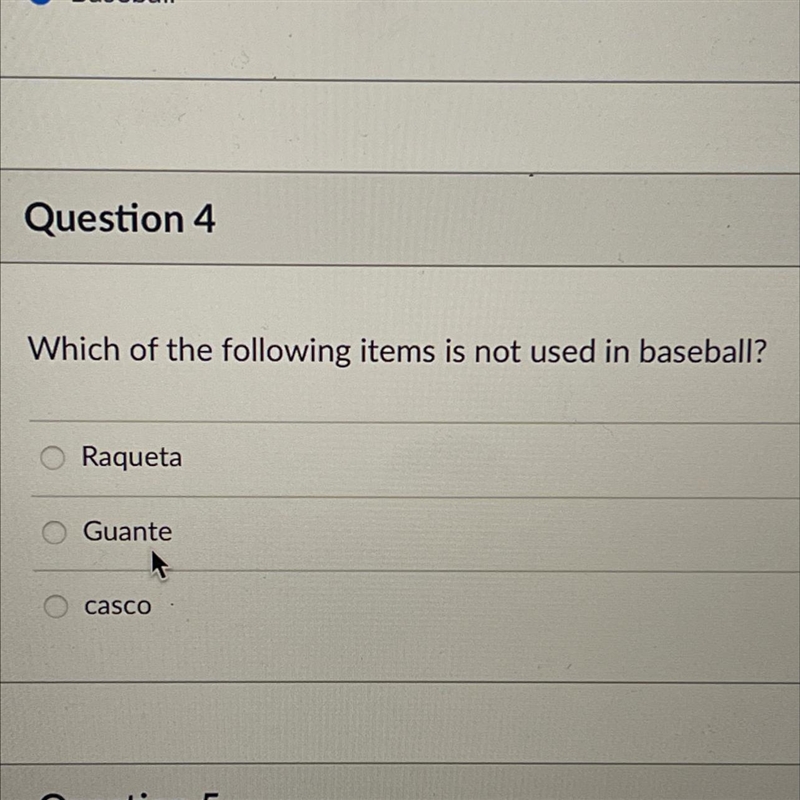 Which of the following items is not used in baseball? Raqueta Guante casco-example-1