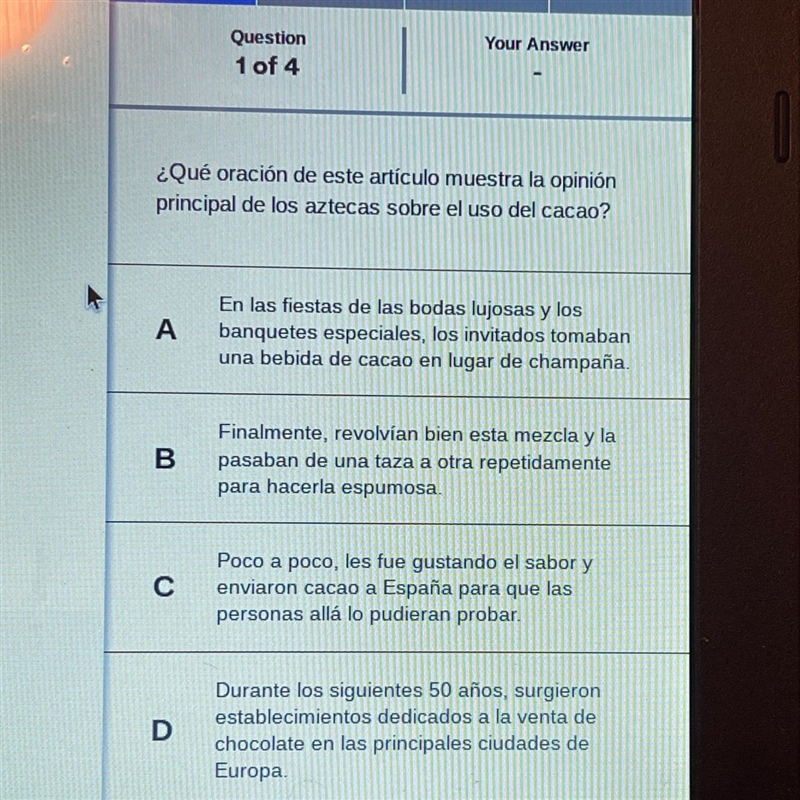 Qué oración de este artículo muestra la opinión principal de los aztecas sobre el-example-1