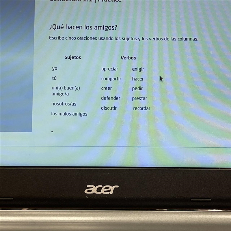 ¿Qué hacen los amigos? Escribe cinco oraciones usando los sujetos y los verbos de-example-1