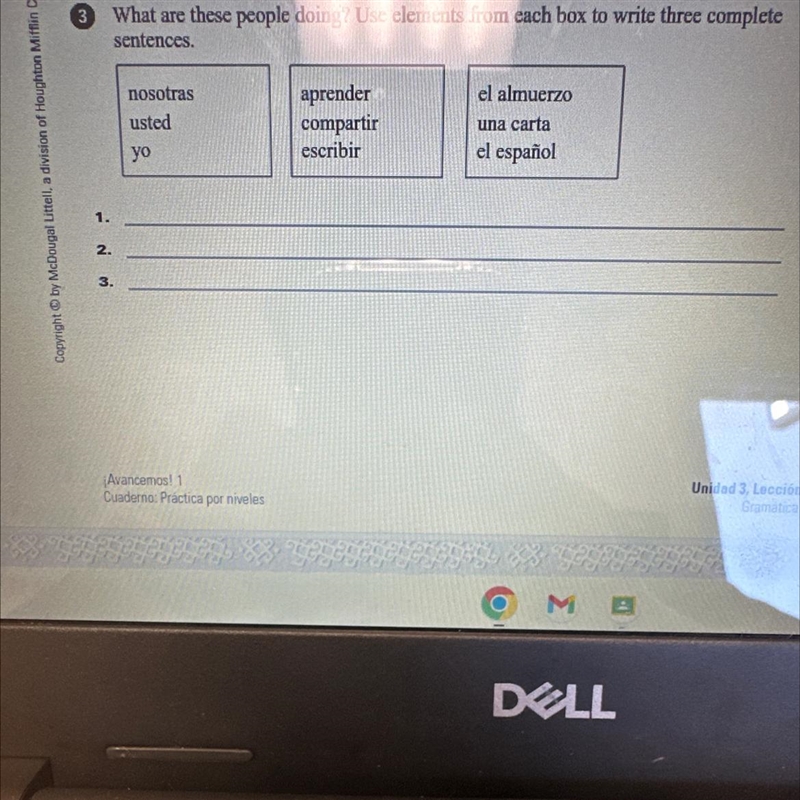 What are these people doing? Use elements from each box to write three complete sentences-example-1