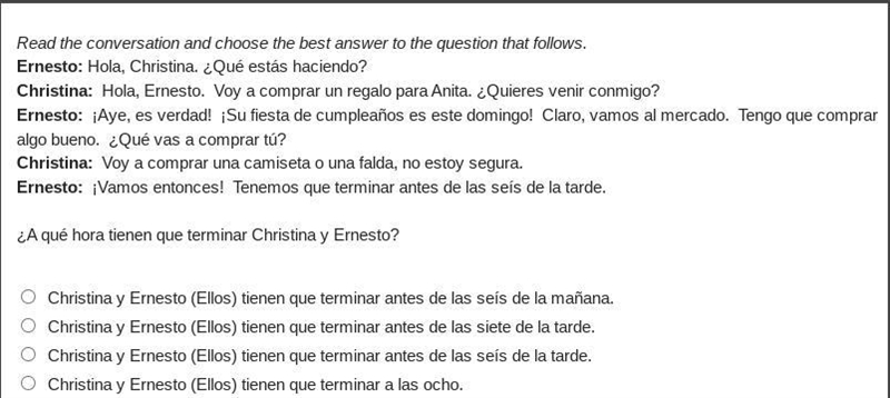 ¿A qué hora tienen que terminar Christina y Ernesto?-example-1