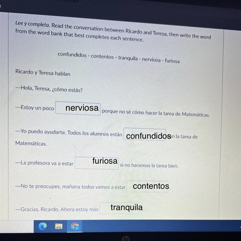 Lee y completa. Read the conversation between Ricardo and Teresa, then write the word-example-1