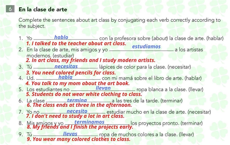 Complete the sentences about art class by conjugating each verb correctly according-example-1