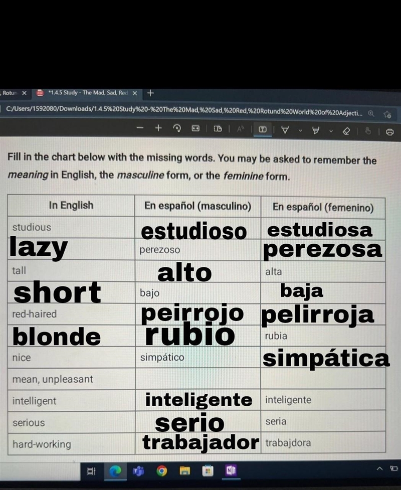 Fill in the chart below with the missing words. You may be asked to remember the meaning-example-1