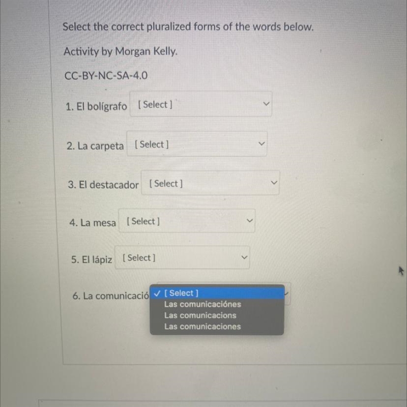 Select the correct pluralized forms of the words below. Activity by Morgan Kelly. CC-example-1