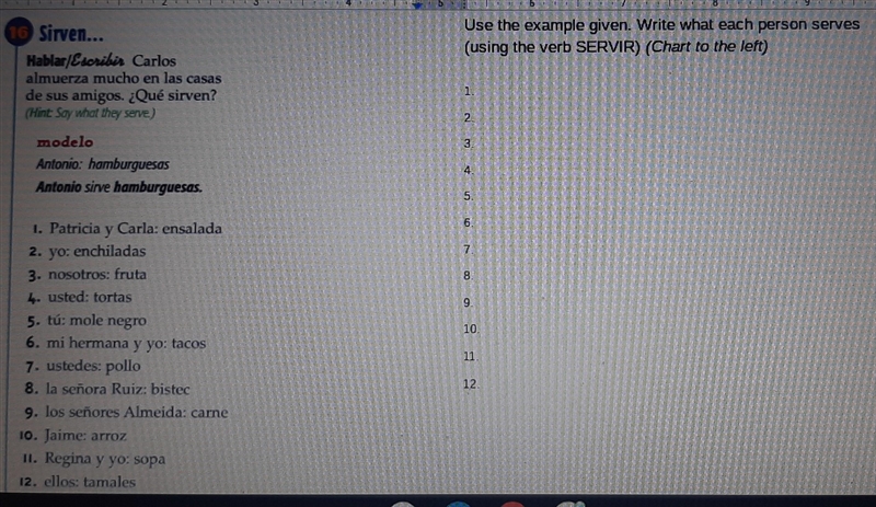 Use the example given. Write what each person serves (using the verb servir) on the-example-1