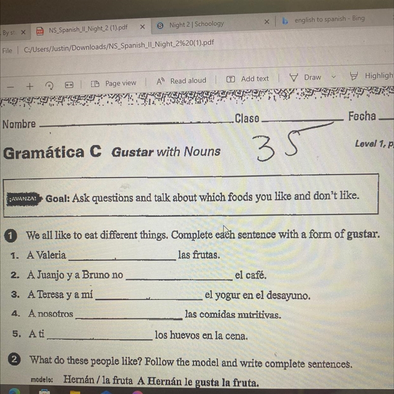 We All like to eat different things. Complete each sentence with a form of gustar-example-1