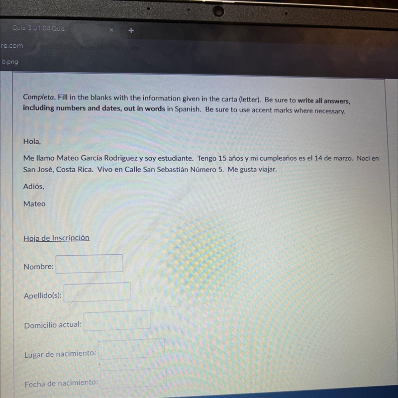 Completa. Fill in the blanks with the information given in the carta (letter). Be-example-1