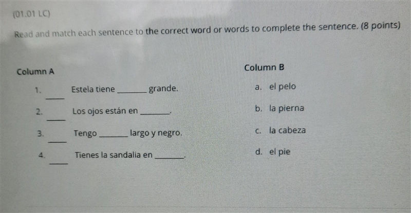 Question 1 (8 points) (01.01 LC) Read and match each sentence to the correct word-example-1