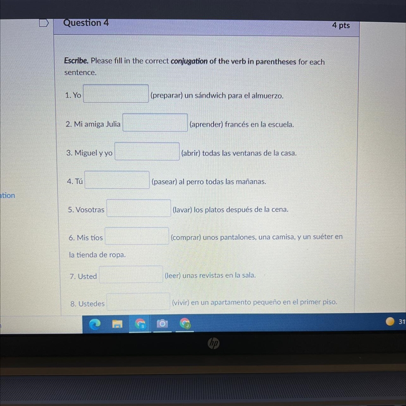 Escribe. Please fill in the correct conjugation of the verb in parentheses for each-example-1