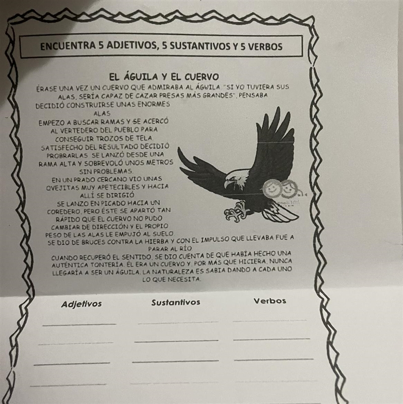 ENCUENTRA S ADJETIVOS, 5 SUSTANTIVOS Y 5 VERBOS EL ÁGUILA Y EL CUERVO ERASE UNA VEZ-example-1