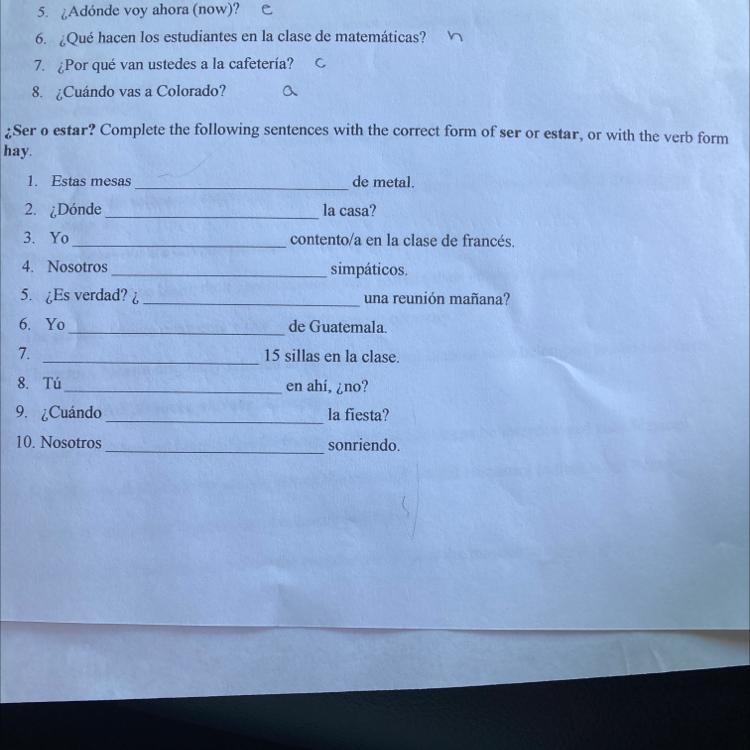 Please Help- Elementary Spanish 101 - Questions #1-10-example-1