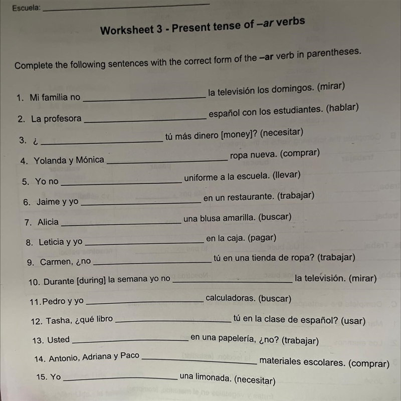 Complete the following sentences with the correct form of the-ar verb in parentheses-example-1