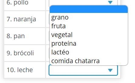 Complete the table by choosing the correct food group for each food listed. Select-example-1