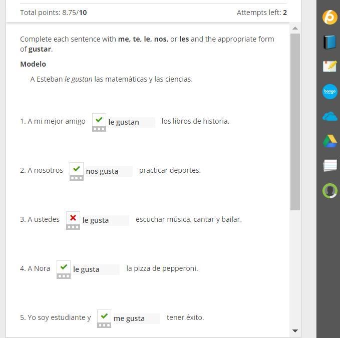 Complete each sentence with me, te, le, nos, or les and the appropriate form of gustar-example-1