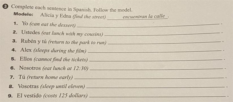 3 complete each sentence in Spanish. Follow the model.-example-1