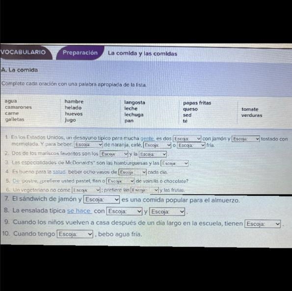 A. La comida Complete cada oración con una palabra apropiada de la lista.-example-1