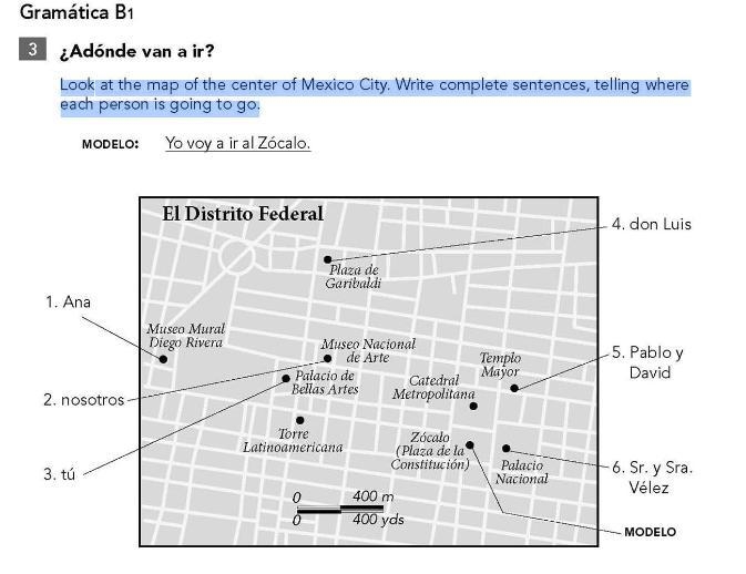 Look at the map of the center of Mexico City. Write complete sentences, telling where-example-1