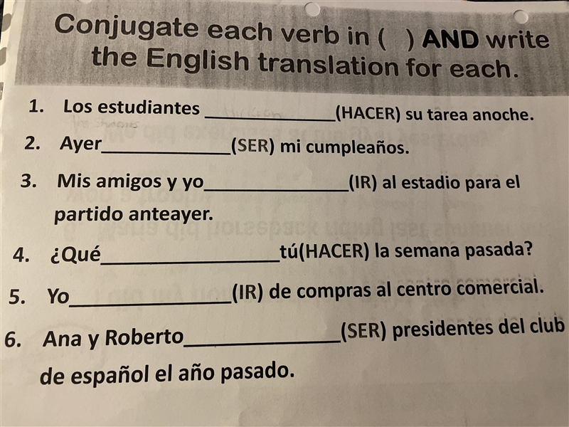 Conjugate each verb AND write the English translation for each-example-1