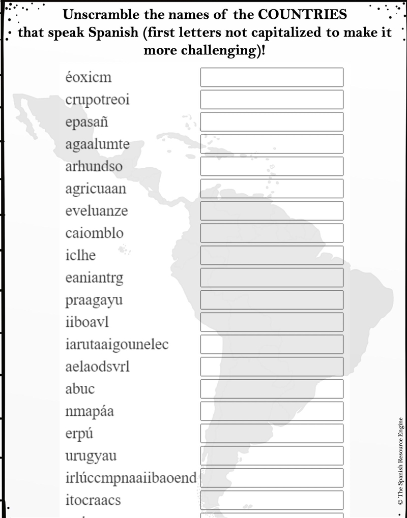 Unscramble the names of the COUNTRIES that speak Spanish (first letters not capitalized-example-1