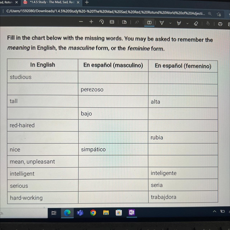 Fill in the chart below with the missing words. You may be asked to remember the meaning-example-1