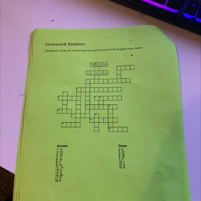 Crossword: Numbers Directions: Write the correct Spanish word for each of the English-example-1