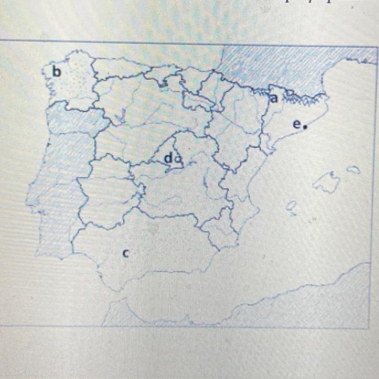 Using the online map, match each letter on the map of Spain with the name of the place-example-1