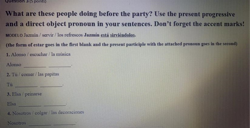 !¡HELP ASAP¡! What are these people doing before the party? Use the present progressive-example-1